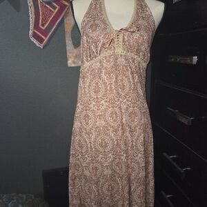 Vintage boho 90s Tan Patterned Halter Midi Dress